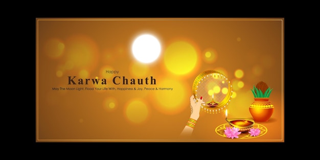 Vektor-Illustration von Happy Karwa Chauth Banner mit Hindi-Text