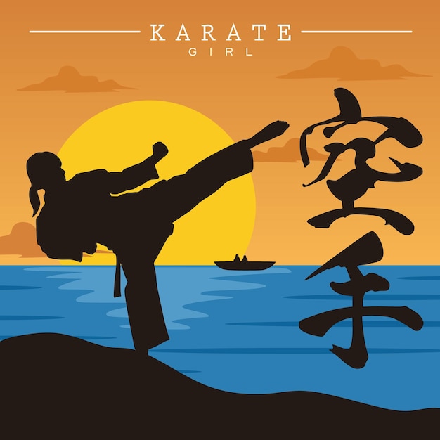 Vektor vektor-illustration von karate-mädchen üben am strand bei sonnenuntergang für poster, t-shirts und andere