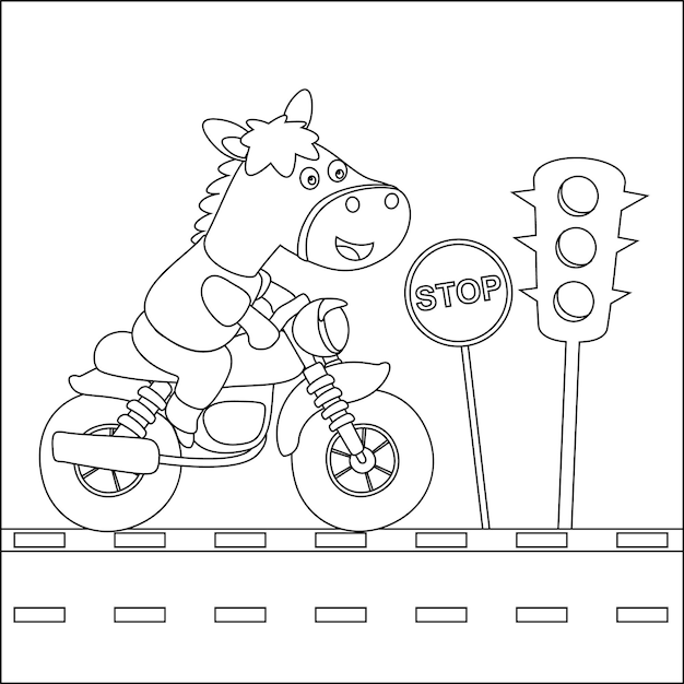 Vektor-Illustration von niedlichen Pferden reiten ein Motorrad für Erwachsene und Kinder Malbuch