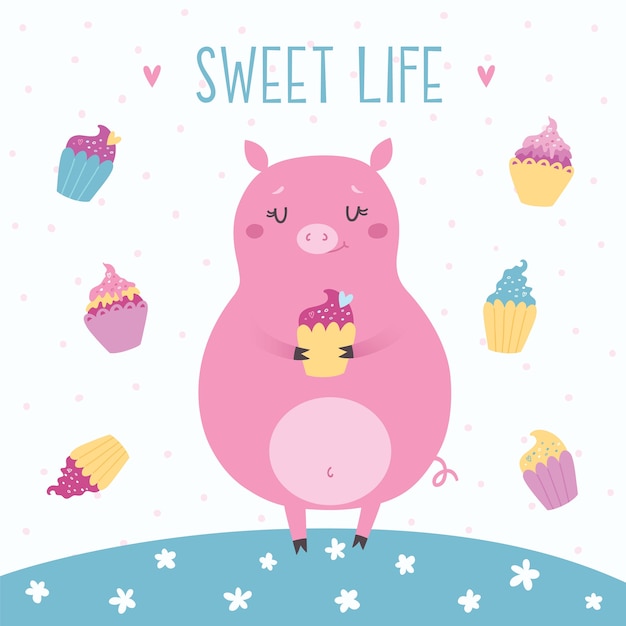 Vektor-illustration von niedlichen schwein mit cupcakes. süßes leben