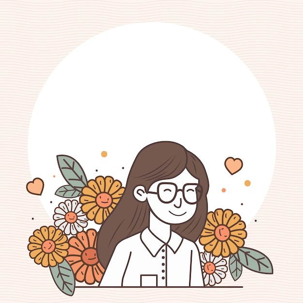 Vektor-illustration von smiley young girl charakter und blumenherzen verzierten hintergrund mit textfreiraum