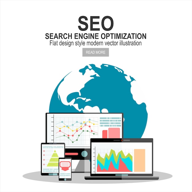 Vektor-Illustrationsikonen des flachen Designs stellten moderner Website-SEO-Optimierung ein
