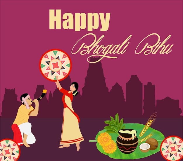 Vektor-Illustrationsplakat eines glücklichen Bhogali-Bihu-Paares, das Bihu-Volkstanz aufführt