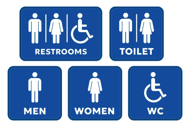 Vektor-Illustrationsset für öffentliche Toilettenschilder. Mann und Frau und Rollstuhl
