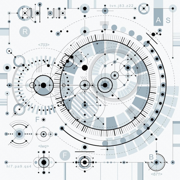 Vektor industrieller und technischer Hintergrund, zukünftiger technischer Plan. Perspektivische Blaupause des Mechanismus, mechanisches Schema. Zur Verwendung als Website-Hintergrund.