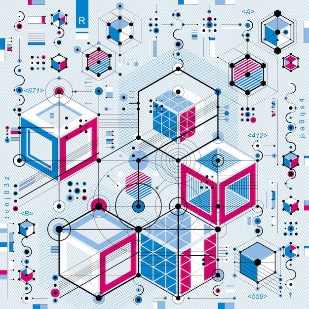 Vektor industrieller und technischer Hintergrund, zukünftiger technischer Plan. Perspektivische Blaupause des Mechanismus, mechanisches Schema. Zur Verwendung als Website-Hintergrund.