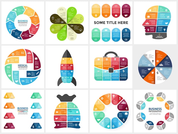 Vektor-infografik-set präsentationsvorlage kreisdiagramm diagramm 8 optionen schritte