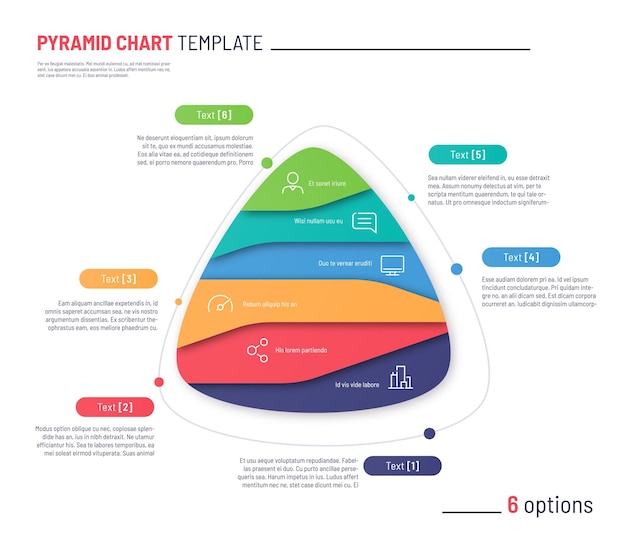 Vektor-infografik-vorlage in form einer dreieckigen pyramide, die durch 6 teile geteilt ist