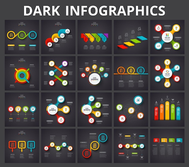 Vektor vektor-infografikelemente auf dunklem hintergrund. diagramme, kreisdiagramme, zeitleisten und pfeile