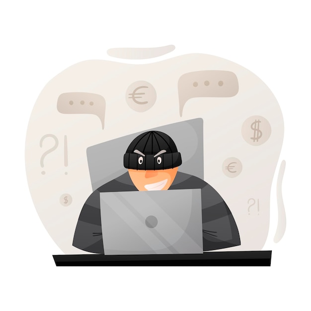 Vektor isolierte Darstellung eines Diebes oder Betrügers in Sturmhaube, der an einem Laptop arbeitet. Konzept der Online-Social-Media- oder Internet-Betrug, Cyberkriminalität.