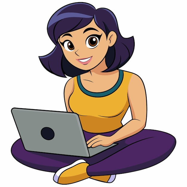 Vektor junge attraktive Frau arbeitet an einem Laptop sitzt auf dem Boden