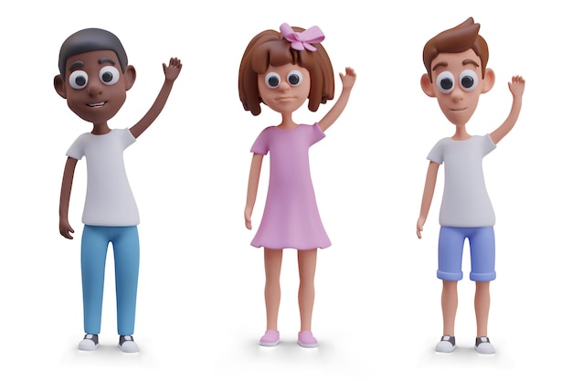 Vektor Jungen und Mädchen stehen mit den Händen hoch Kinder Stimmen Wellen Fragen stellen