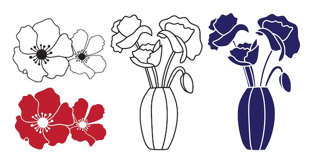 Vektor kleine einfache Blumensträuße mit Anemonenmohnblumen in Vasenkonturlinien-Silhouettenzeichnungen