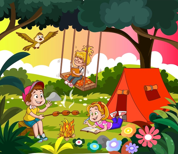 Vektor-konzeptillustration des kindersommercampings