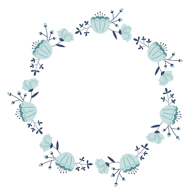 Vektor-kranz mit blauen blättern und blumen blumenrahmen für feiern blume runder rand kopieren raum romantisches design für grußkarten textvorlage mit frühlingspflanzen