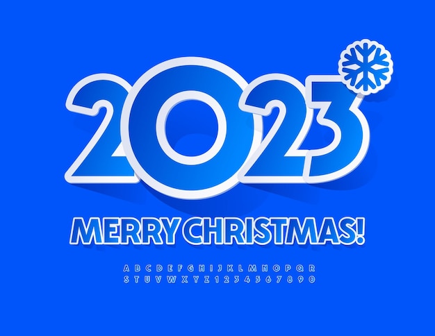 Vektor kreative grußkarte frohe weihnachten 2023 mit dekorativer schneeflocke. blaues papier schriftart