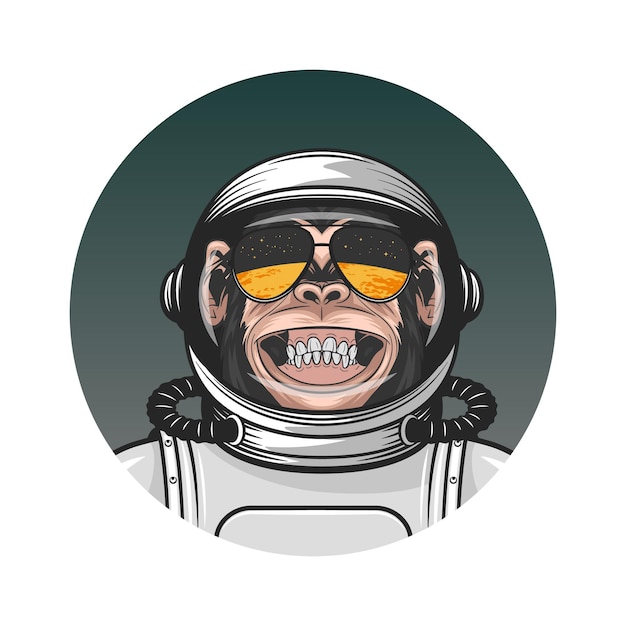 Vektor vektor lächelnder schimpansen-affe mit astronautenhelm-anzug. lustiger affe mit kosmonauten-maske für die weltraumforschung. raumfahrer-affe. cartoon-niedlicher schimpansen-affe