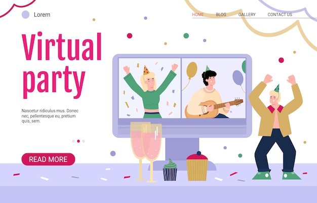 Vektor-landing-page-vorlage mit virtueller party oder online-geburtstagsfeier