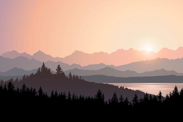 Vektor-landschaftsillustration im freien, natur, berge, wald, silhouette, sonnenaufgang im nationalpark