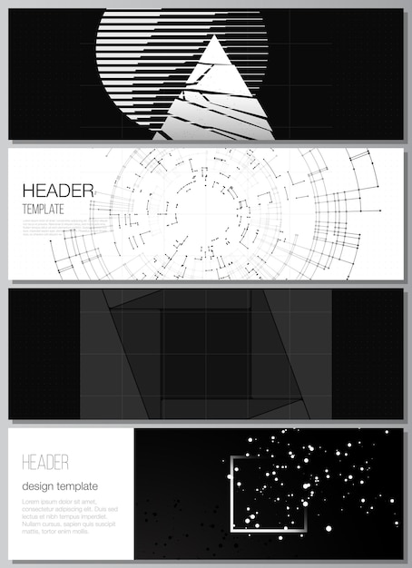 Vektor-layout von header-banner-vorlagen für website-fußzeilen-design horizontale flyer-design-website-headerschwarze farbtechnologie-hintergrund digitale visualisierung des wissenschaftsmedizintech-konzepts
