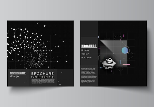 Vektor-layout von zwei quadratischen cover-vorlagen für broschüren-flyer-cover-design buchdesign broschüren-cover abstrakte technologie schwarze farbe wissenschaftshintergrund digitale daten high-tech-konzept
