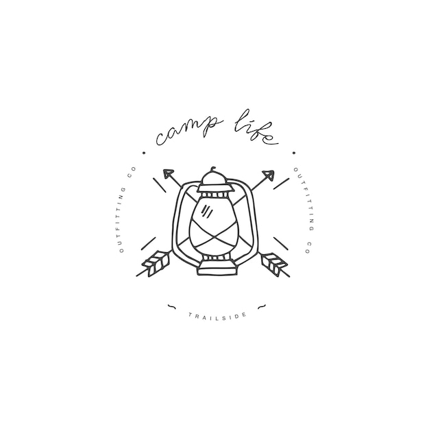 Vektor-Lügen-Camping- und Wandersymbol oder Logo. Reiseemblem oder rundes Abzeichen mit Öllampe und Pfeilen. Design für T-Shirt und Druck.