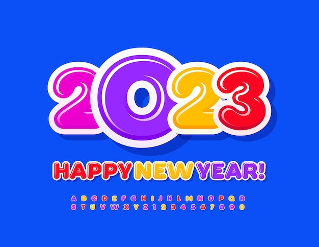 Vektor lustige Grußkarte frohes neues Jahr 2023! Helle, glänzende Schriftart. Bunte Buchstaben des Alphabets