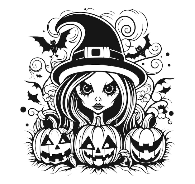 Vektor-Mädchen-Cartoon im Kostüm Halloween-Hexe mit Halloween-Kürbis Fröhliches Halloween auf Weiß