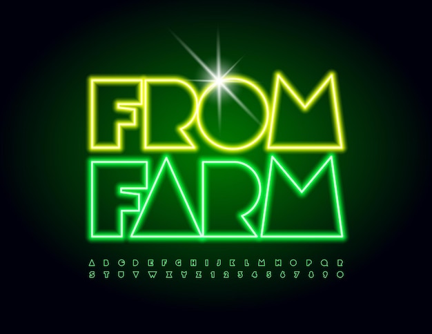 Vektor-Marketing-Abzeichen von der Farm für Produkte Neonschrift-elektrischer Alphabet-Buchstaben und -Zahlen-Satz