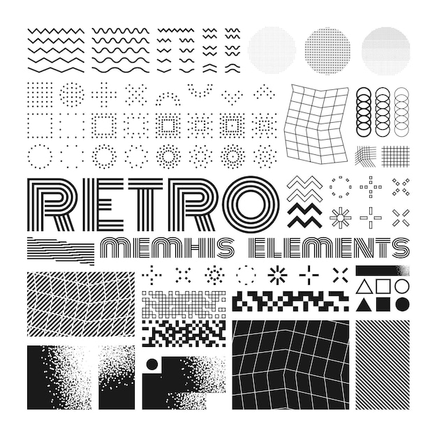 Vektor-memphis-designelemente retro-grafiken setzen designtrends der 80er jahre und vintage-geometrie