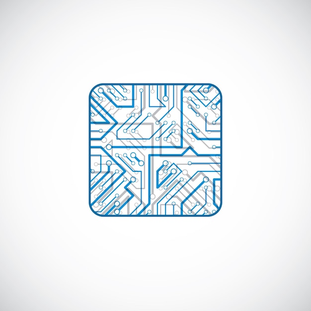 Vektor-mikrochip-design, cpu. element der informationskommunikationstechnologie, blaue leiterplatte in form eines quadrats.