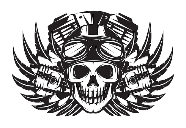 Vektor-monochrombild zum thema motorrad mit totenkopfflügel-motor