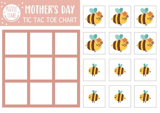 Vektor muttertag tic tac toe-diagramm mit süßer baby-hummel und seiner mutter ferien-brettspiel-spielfeld mit waldinsekten lustiges druckbares arbeitsblatt für kinder nullen und kreuze raster xa