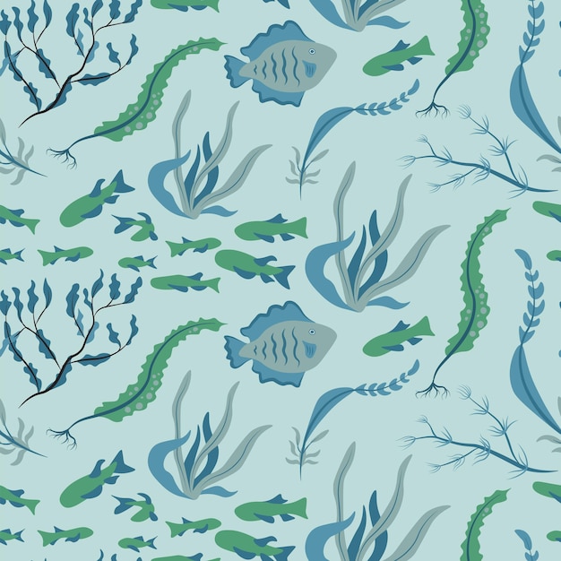 Vektor-Näherungslosmuster mit Fischkorallen und Algen Hintergrundtapete Textil- oder Papierdruck