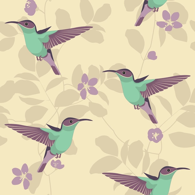 Vektor-Näherungslosmuster mit Kolibris und Blumen