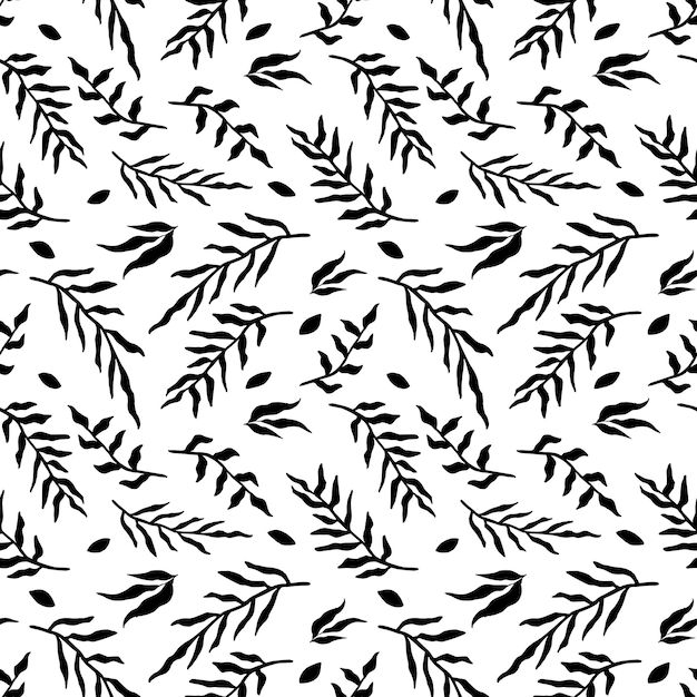 Vektor nahtlose blumenmuster, schwarze silhouetten von zweigen und blättern. abstraktes doodle-muster für eleganten druck, stoff, textil.