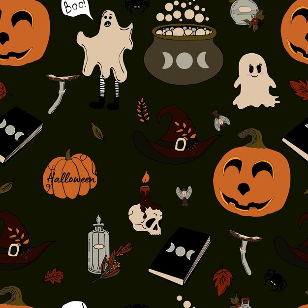 Vektor nahtlose Muster Halloween eps Doodle Trank und Wiccan Symbole Kürbis und Schädel Pilze und Blätter im Herbst