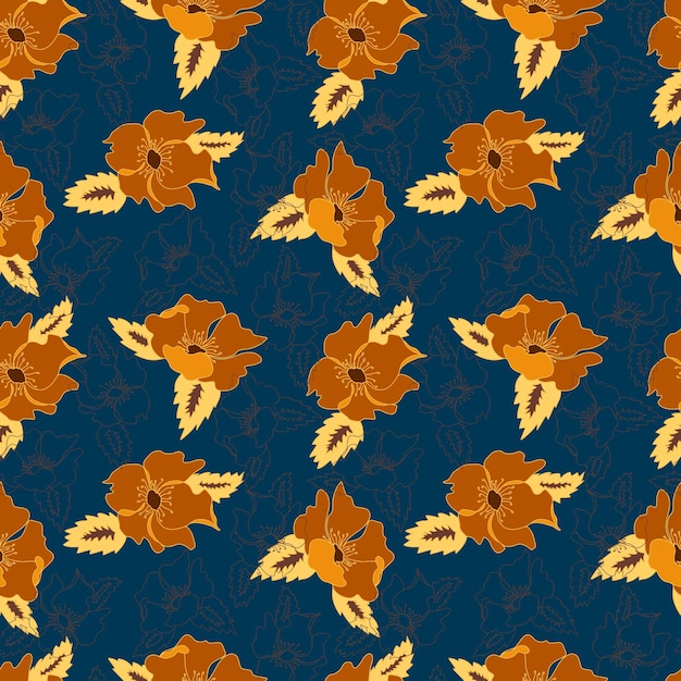 Vektor nahtlose Muster Kontur floral mit geöffneten Blättern und Knospen auf einem kontrastierenden Hintergrund Botanische Illustration für Stoffe, Textilien, Tapeten, Papiere, Hintergründe