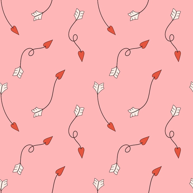 Vektor nahtlose muster mit gebogenen pfeilen im retro-stil rosa hintergrund mit strudel pfeile mit herzförmigen pfeilspitzen happy valentinstag liebe und romantik