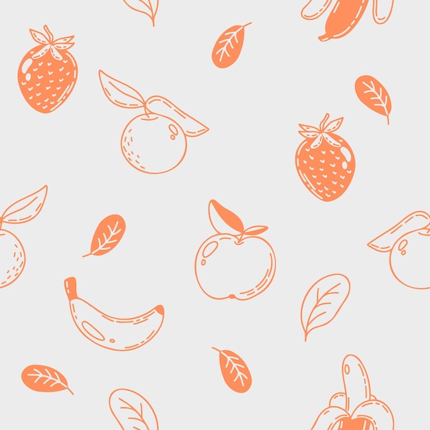 Vektor nahtlose Muster von verschiedenen Früchten und Beeren im Doodle-Stil gezeichnet Äpfel, Bananen und Orangen