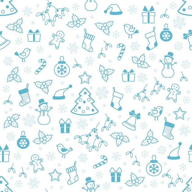 Vektor-nahtloses muster mit blauen silhouetten von weihnachtselementen auf weißem hintergrund