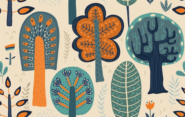 Vektor nahtloses Muster mit handgezeichneten Waldbäumen Pflanzen Blumen