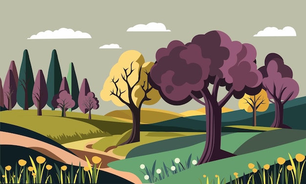 Vektor, Natur, Landschaft, Hintergrund, Mit, Bäume, Clouds