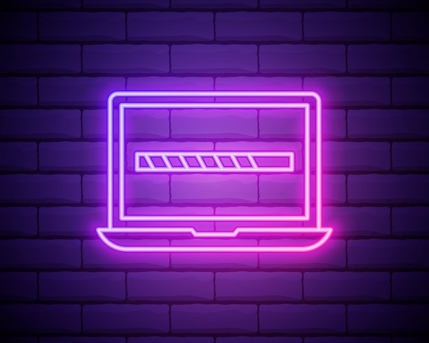 Vektor-Neon-Laptop mit Ladesymbol auf dem Bildschirm Etwas Ladetechnologie isoliert auf Backsteinmauer Hintergrundsymbol