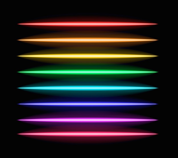 Vektor-neonbürsten-set, regenbogenfarbene linien, neonlichtröhren.