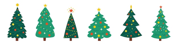 Vektor-Neujahrsset mit Weihnachtsbäumen Immergrüne Bäume mit Kugeln, Sternen und Girlanden Tannenbäume zu Weihnachten