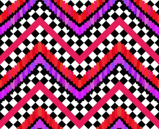 Vektor-Pinselstriche-Checker-Muster Schwarz-weißes Karomuster Helles Poppunk-Design, lila, rosa, violette und rote Streifen und Federn Modernes nahtloses Muster Abstrakter geometrischer Stoff