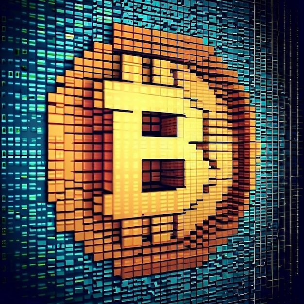 Vektor-pixel-kartoon bitcoin-logo kryptowährung btc oder bitcoin goldmünze mit dunklem hintergrund