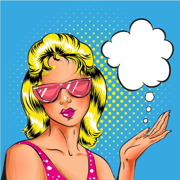 Vektor-Pop-Art blonde junge Frau in rosa Sonnenbrille Sprachblase Pinup-Mädchenporträt Retro-Comic-Buch-Illustration