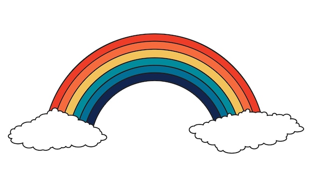 Vektor psychedelischer regenbogen und wolken der 70er jahre retro-groovige grafik für design und druck